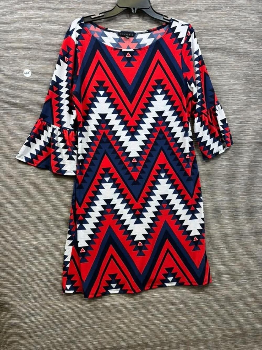 Tiana B. Dress Womens 14 Multicolor Chevron Bell Sleeve Shift Knit Boho Tribal